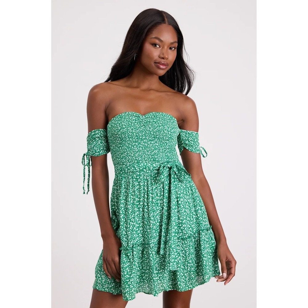 Lulus NWT Sweetest Feelings Green Floral Off-the-Shoulder Mini Dress - XL